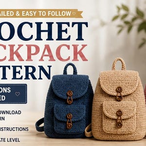 Op de afbeelding: Haakpatroon voor rugzak met drie variaties. De afbeelding toont drie gehaakte rugzakken in marineblauw, beige en roze. De tekst bevat "Gedetailleerd & Gemakkelijk te volgen", "Direct downloaden" en "Gemiddeld niveau".