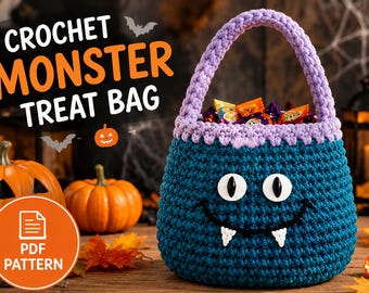 May include: A teal crochet monster treat bag with a lavender handle, white oval eyes with black pupils, a black stitched smile, and two white fangs. The bag is filled with colourful candy and features the text CROCHET MONSTER TREAT BAG.