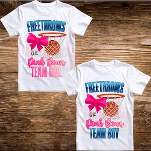 May include: Two white t-shirts with basketball-themed graphics. One shirt reads "FREETHR0WS OR Pink Bows TEAM GIRL" and the other reads "FREETHR0WS OR Pink Bows TEAM BOY". Each design includes a basketball, hoop, and pink bow.