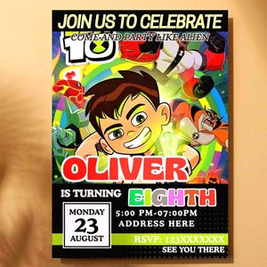 Ben 10 Birthday Invitation Card | Digital Cartoon Party Invite for Kids | Editable Printable Template , Ben ten birthday invite