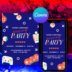 Birthday Gaming Party Invitation | Video Game Theme Editable Canva Template | Printable Digital Download | Gamer Birthday Invite for Kids
