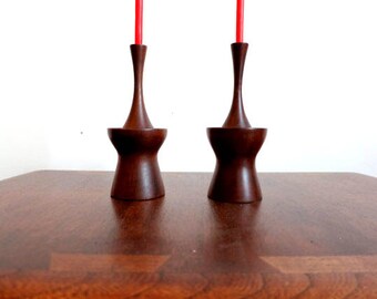 Mid Century Atomic Walnut Candlestick Pair