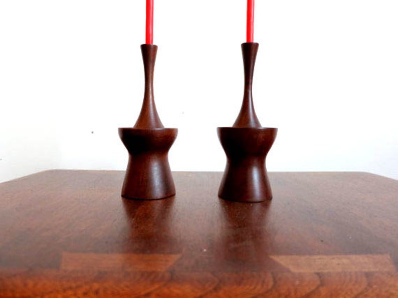 Mid Century Atomic Walnut Candlestick Pair image 1