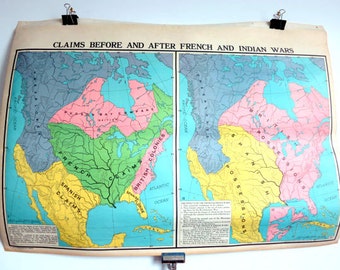 Antique two-sided School Map - War Claims & US Railroads