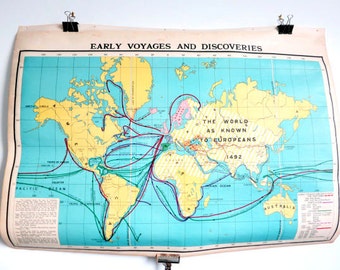 Early Voyages & Industrial US Map - Two sided Antique School Map