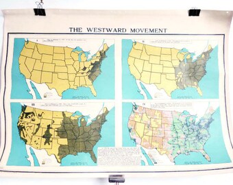 Two Sided Antique School Map - Colonial Land Grants & Westward Movement