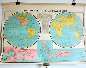 Two-Sided Colorful Antique Revolutionary War & US Map 1898 School Map