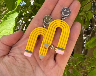 Teacher Appreciation Pencil Earrings | Rainbow Pencil Polymer Clay Earrings | Handmade Gift Idea