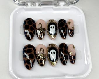 Hand Drawn Press On Nails: Almond Nails, Halloween Ghost, Fall Pumpkin, Black + Brown Designs, Leopard Print, Gold Chrome, Faux Gel Nails