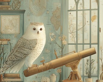 Arte murale vintage con gufo e osservatorio / Illustrazione di un telescopio celeste / Decorazione per la sala studio / Opera d'arte astronomica stampabile