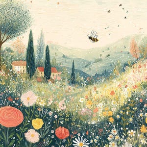 Spring Meadow Dance – Whimsical Wildflowers and Honeybee Landscape Printable Wall Art