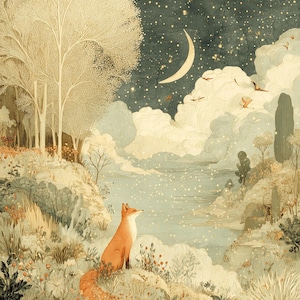 Könnte beinhalten: Illustration eines Fuchses, der auf einem grasbewachsenen Hügel sitzt und in einen Nachthimmel mit Sternen und einem Halbmond blickt. Das Kunstwerk zeigt eine ruhige Landschaft mit Bäumen, Wolken und einer sanften Farbpalette aus Blau, Grün und Orange.