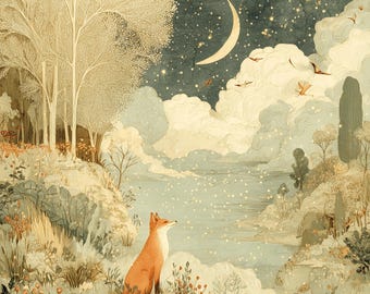 Decorazione murale con volpe e luna crescente – Illustrazione botanica notturna stravagante, decorazione stampabile mistica del bosco