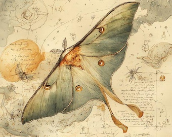 Arte murale Luna Moth – Il volo attraverso la conoscenza, stampa di entomologia vintage, decorazione naturalistica da sogno