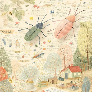 The Beetle Grove – Whimsical Insect Field Journal Printable Wall Art, Cottagecore Entomology Illustration, Nature Study Digital Art Print