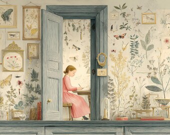 La stanza segreta delle curiosità – Stampabile con ragazza vintage che scrive, decorazione murale botanica e naturalistica, decorazione da studio da sogno (rapporto 3:2)