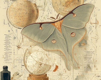 Stampa della mappa stellare di Luna Moth: arte astronomica celeste d'epoca (download digitale)