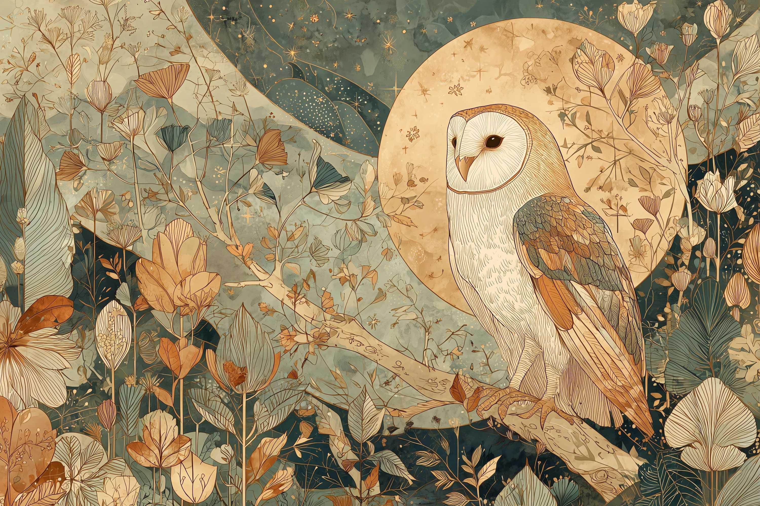 Barn Owl Harvest Moon Print: Vintage Botanical Illustration (Digital Download)