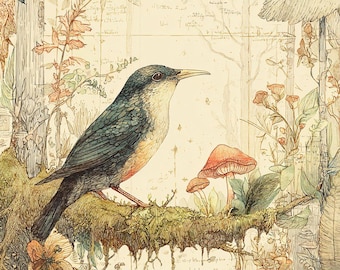 Stampa botanica vintage di uccelli canterini: arte murale della natura della foresta (download digitale)
