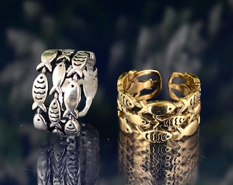 Gift for him and her, Sterling adjustable ring, Swimming Against The Current, School of fish with one gold fish swimming upstream, Unisex,