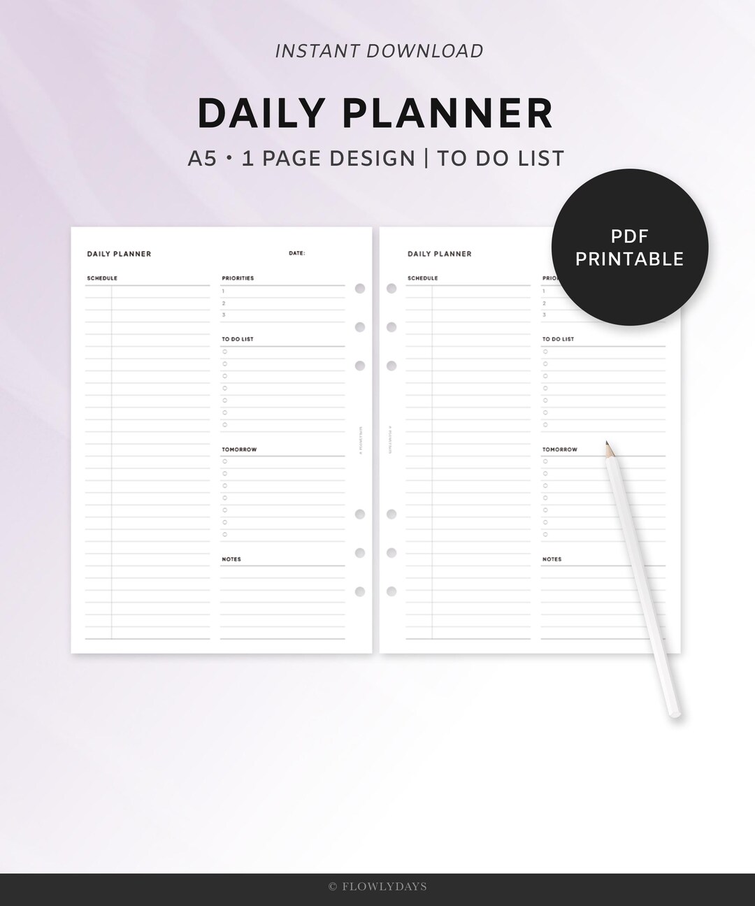 Daily Planner Printable A5 | 1 Page Design | to Do List & Schedule
