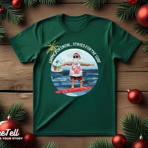 Funny Surfing Santa T-Shirt: Tropical Christmas Beach Holiday