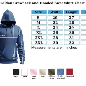 May include: A blue hooded sweatshirt with a size chart. The chart displays measurements in inches for width, length, and sleeve length, ranging from size S to 3XL. Color options include black, white, pink, sand, green, blue, and red.