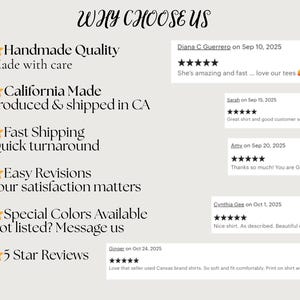 May include: A cream-colored graphic with the text "WHY CHOOSE US" and customer reviews. Key features include handmade quality, California production, fast shipping, easy revisions, special colors, and 5-star reviews.