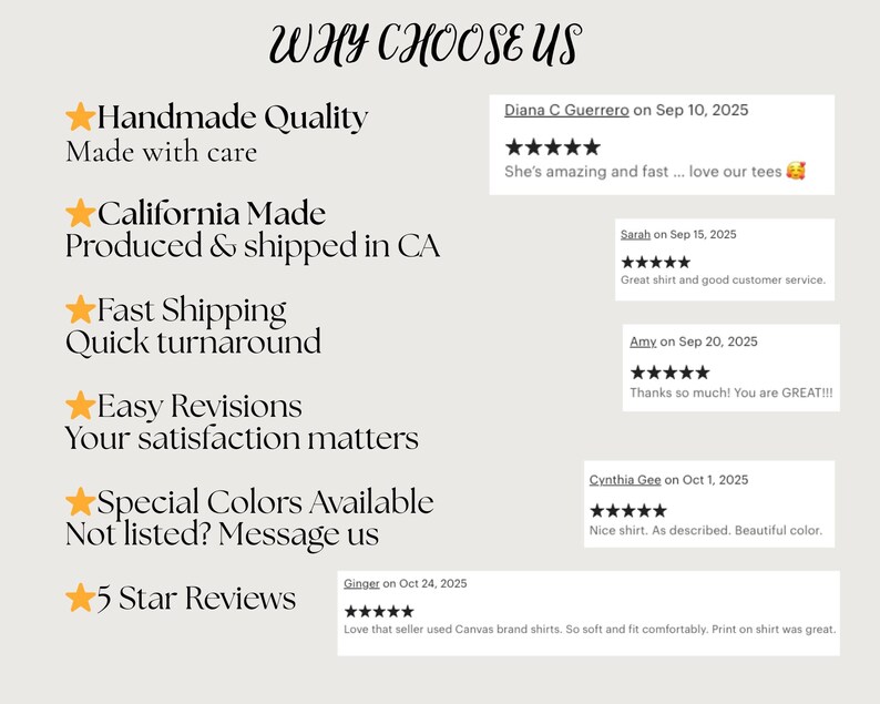May include: A cream-colored graphic with the text "WHY CHOOSE US" and customer reviews. Key features include handmade quality, California production, fast shipping, easy revisions, special colors, and 5-star reviews.