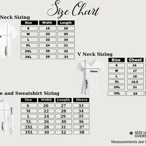 May include: A size chart for crew neck, V-neck, and hoodie/sweatshirt sizing. The chart includes measurements in inches for size, width, length, chest, and sleeve. The text advises to size up for an oversized fit.