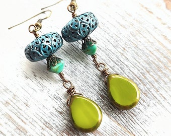 Long Boho Teal Filigree & Green Picasso Czech Glass Drop Dangle Earrings