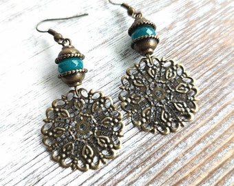 Long Bronze Filigree Flower Dangle Earrings with Faceted Teal Czech Glass, Boho Chic, Bohemian, Gifts For Her