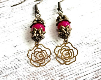 Fuchsia Pink Bronze Filigree Rose Dangle Earrings