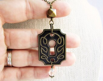 Keyhole & Clear Crystal Drop Necklace, Bronze Eschutcheon Pendant on Long Hammered Bronze Chain