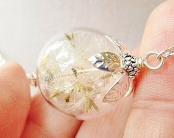 Terrarium Necklace, Dandelion Seed Glass Blown Orb Necklace in Silver or Bronze, Bridesmaid Gifts, Bridal Jewelry, Sentimental Gift