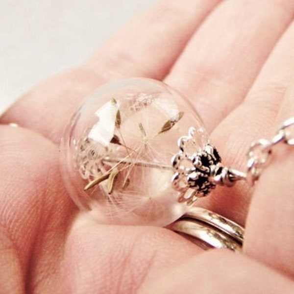 Blown Glass Orb Necklace Filled with Dandelion Seeds, Silver or Bronze, Bridesmaid Jewelry