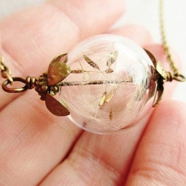 Dandelion Seed Filled Blown Glass Orb Terrarium Necklace in Bronze or Silver, Bridesmaid Gift, Sentimental Gift For Her
