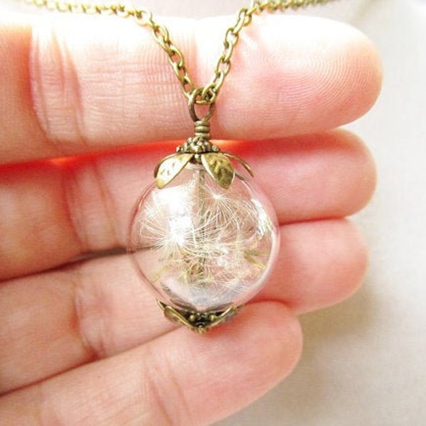 Dandelion Seed Filled Glass Orb Necklace in Bronze or Silver, Boho Bridesmaid Jewelry, Teacher Gift