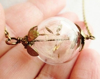 Dandelion Seed Filled Blown Glass Orb Terrarium Necklace in Bronze or Silver, Bridesmaid Gift, Sentimental Gift For Her