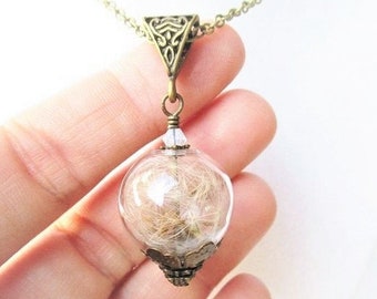 Real Dandelion Seed Filled Blown Glass Orb Flower Necklace in Bronze, Bridesmaid Jewelry, Teacher Gift