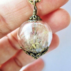 Dandelion Seed Filled Glass Orb Terrarium Necklace in Silver or Bronze, Bridesmaid Gifts