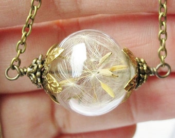 Dandelion Seed Filled Wishing Orb Necklace in Silver or Bronze, Terrarium Necklace