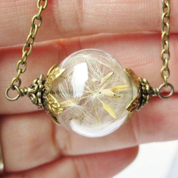 Dandelion Seed Filled Wishing Orb Necklace in Silver or Bronze, Terrarium Necklace