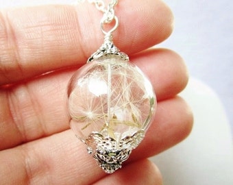 Dandelion Seed Wishing Orb Terrarium Necklace in Silver, Gift For Her, Bridesmaid Gifts