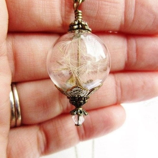 Make A Wish Dandelion Seed Glass Orb Necklace In Bronze or Silver, Gifts for Her