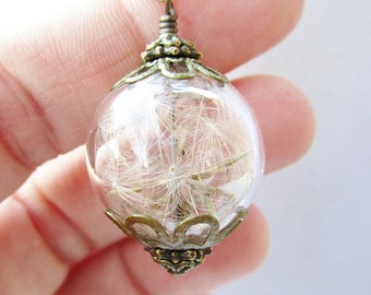 Boho Dandelion Wish Blown Glass Orb Necklace in Bronze or Silver, Bridesmaid Jewelry