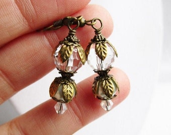 Boho Layered Bronze Flower Petal, Glass Pearl & Crystal Earrings