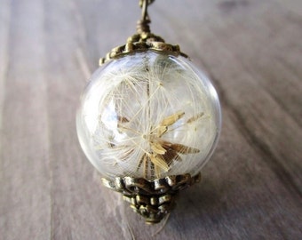 Dandelion Seed Filled Glass Orb Necklace In Bronze, Sentimental Keepsake, Bridesmaid Gifts, Boho Chic