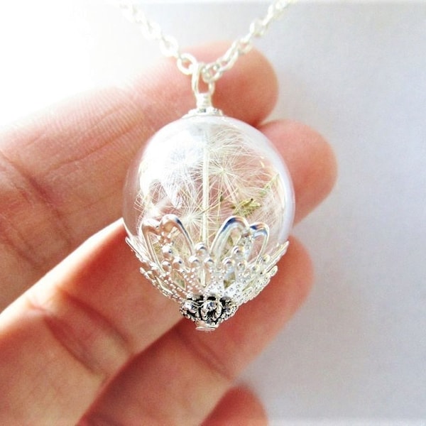 Dandelion Wish Necklace, Blown Glass Orb Terrarium in Bronze or Silver, Bridesmaid Gifts