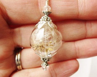 Dandelion Wish Glass Orb Necklace with Tiny Crystals Silver or Bronze, Terrarium Jewelry, Bridesmaid Gifts